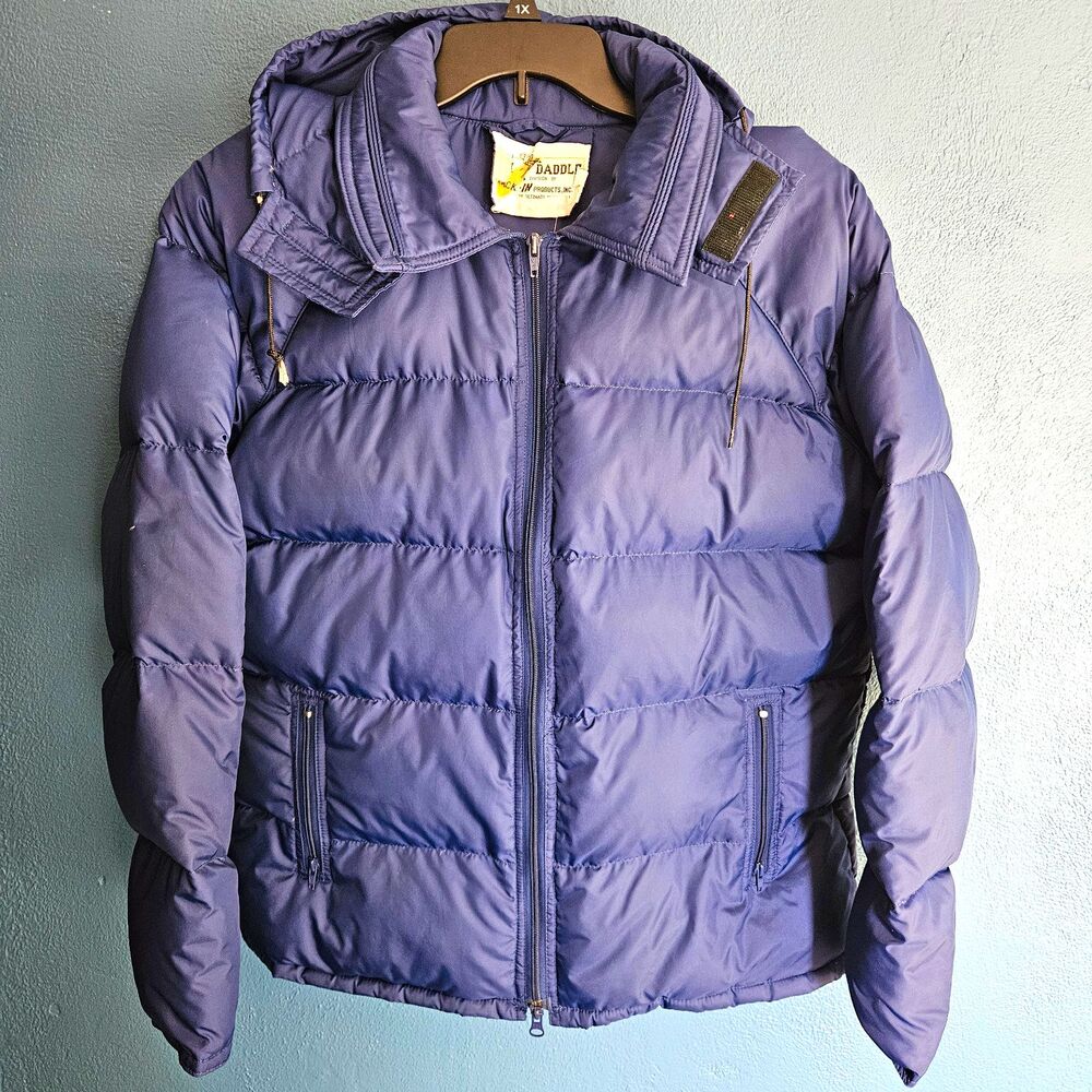 Vintage 70s 80s Ski Daddle Puffer Jacket Down Pack-In Mens XL Blue Hooded Coat